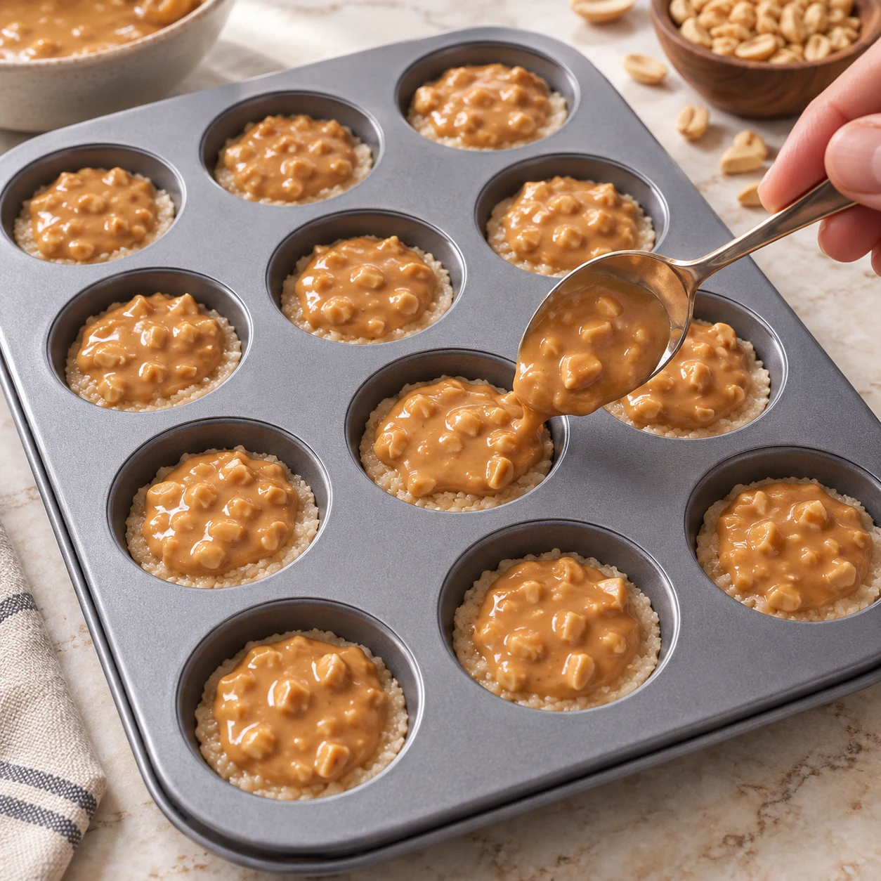 Cuillère versant purée cacahuète aux éclats sur la base amande de mini bouchées.