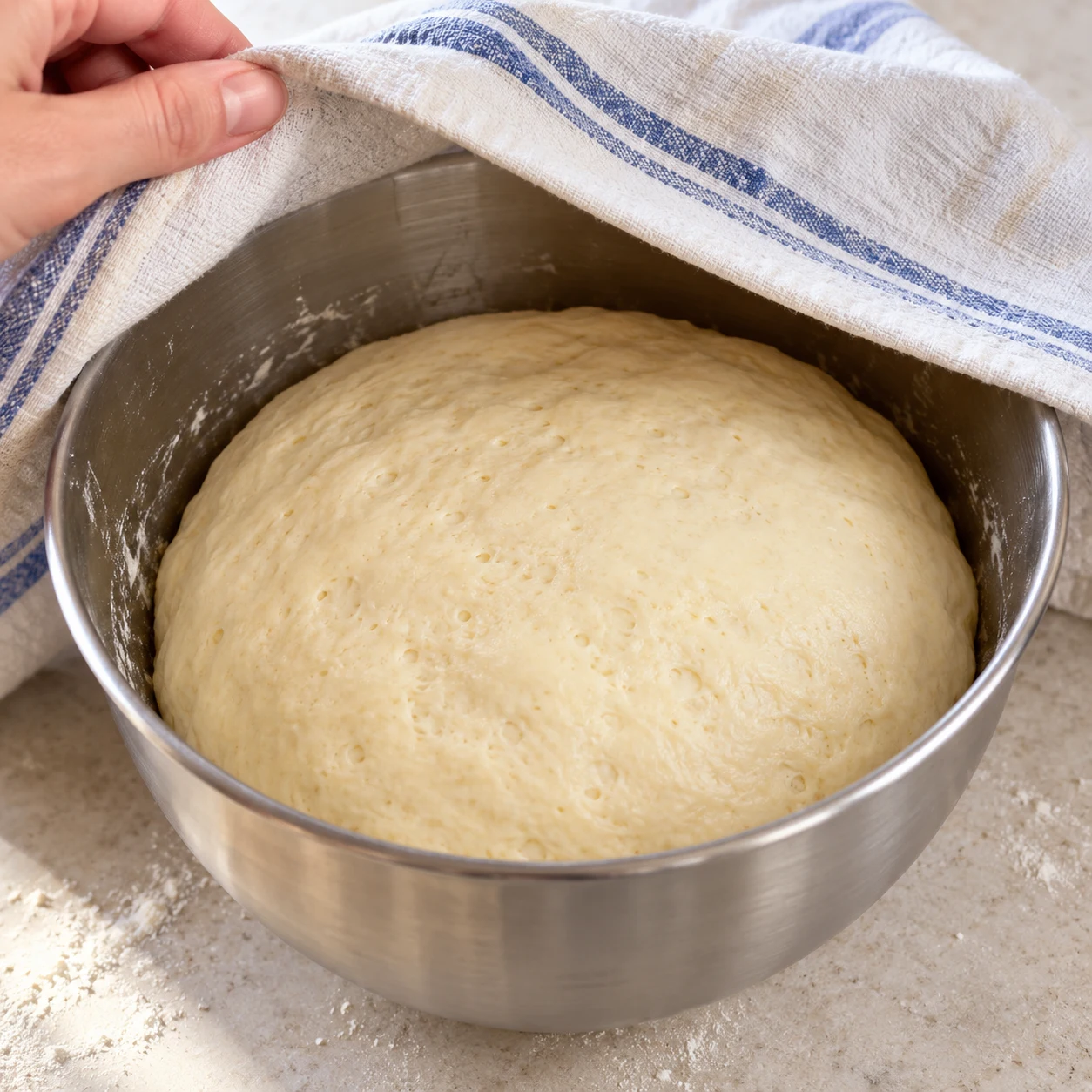 Bol de pâte levée avec torchon soulevé, sans personne.