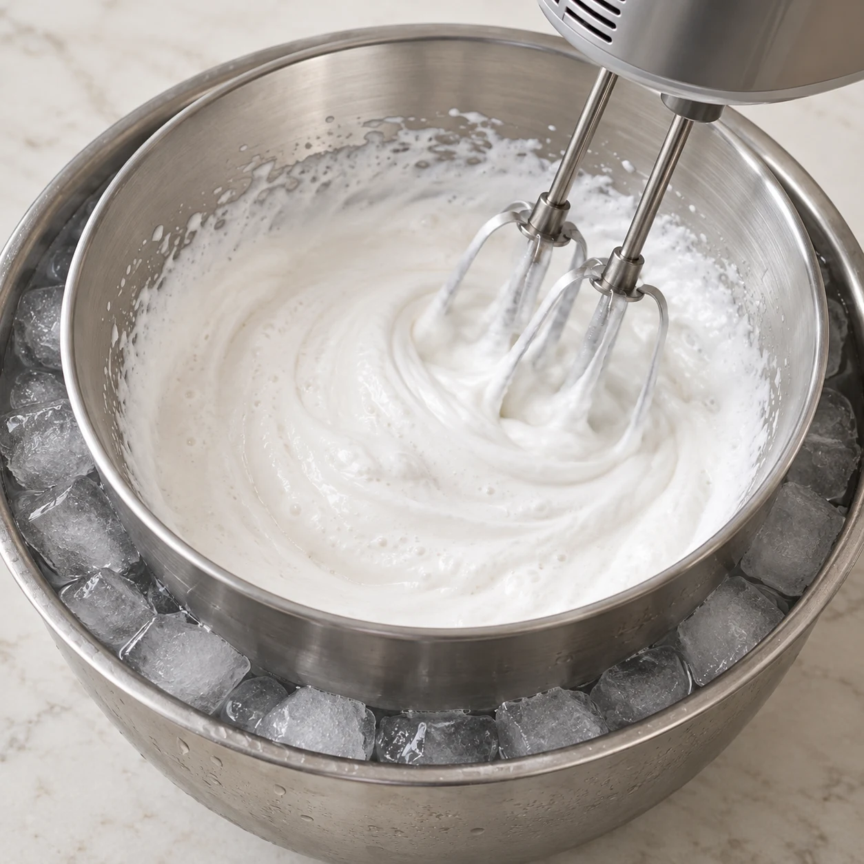 Crème de coco blanche et mousseuse fouettée dans un bol inox refroidi.