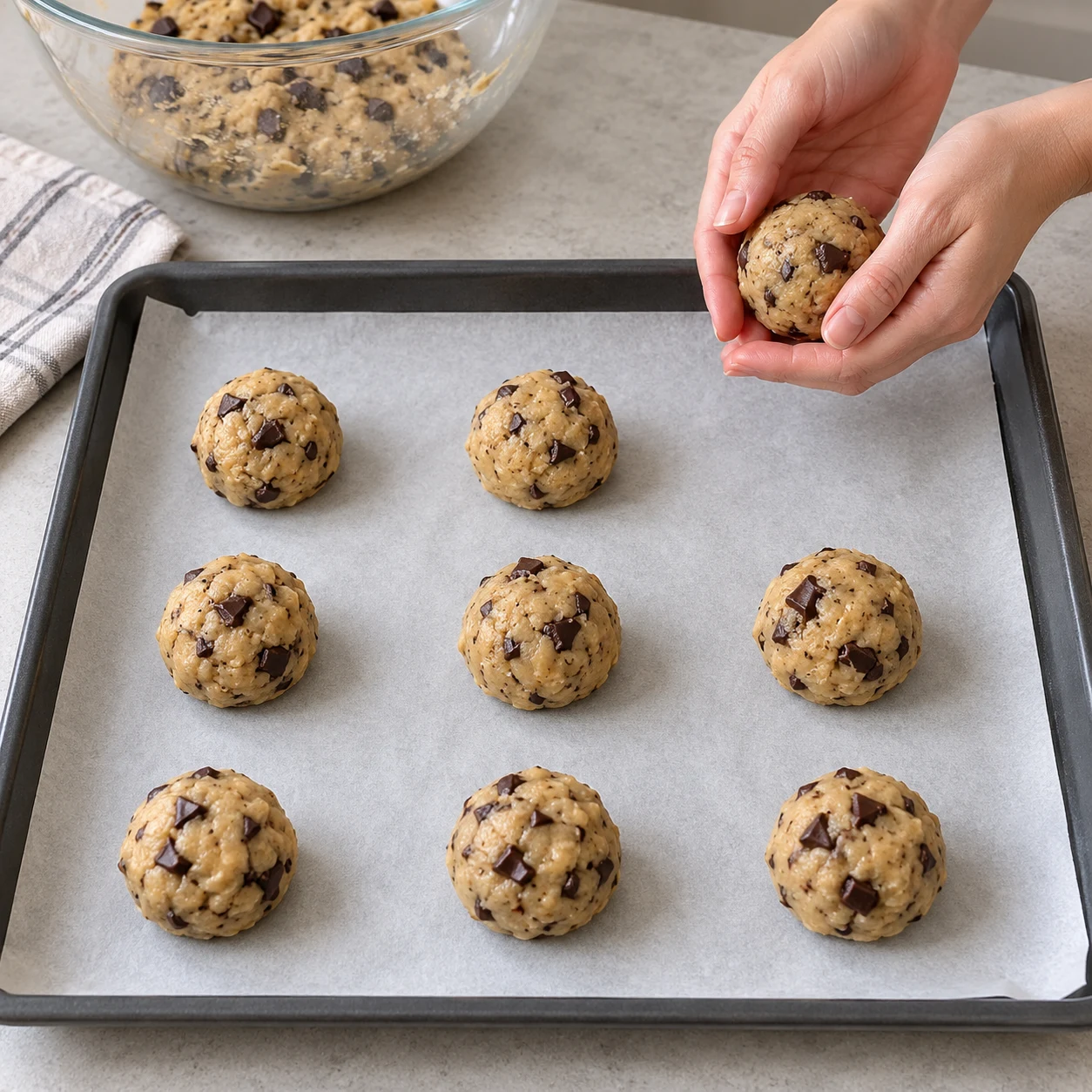 Mains anonymes façonnant une boule ; plaque de neuf boules beige aux morceaux de chocolat noir.