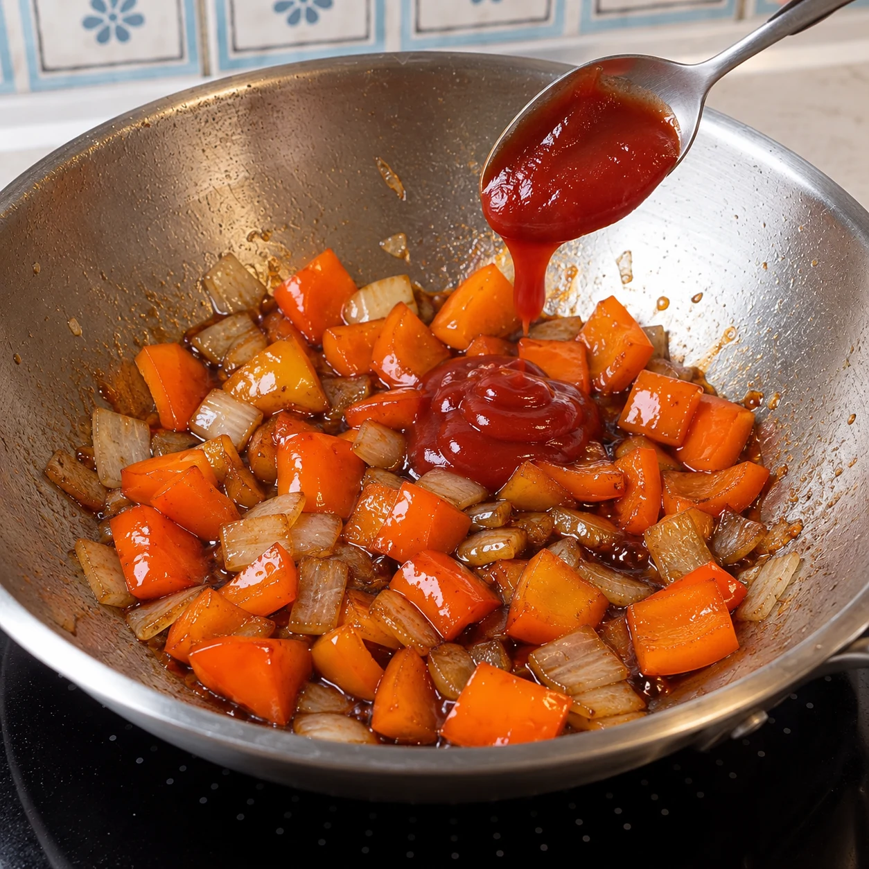 Ajouter les deux cuillères à soupe de sauce soja et la cuillère à soupe de ketchup aux légumes. Le résultat à reconnaître : Le ketchup et la sauce soja sont répartis sur les légumes.