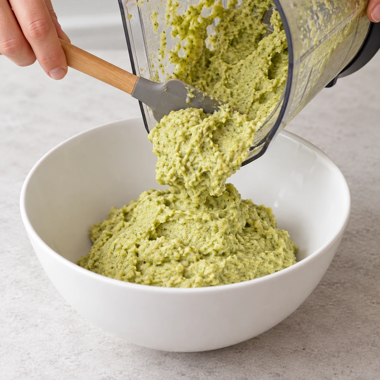 Purée de brocoli épaisse transvasée depuis un blender dans un grand bol blanc, avant les légumes de finition.