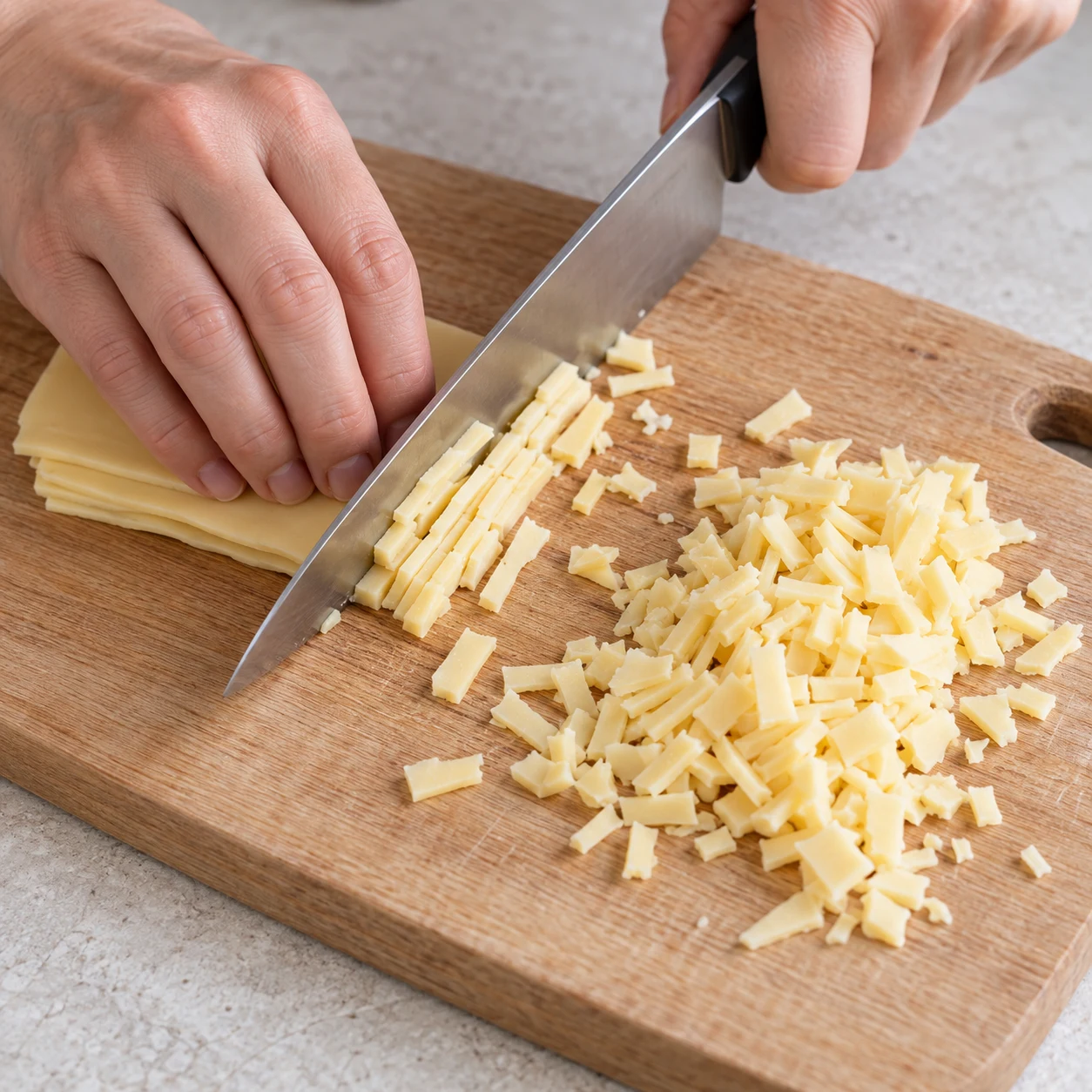 Découpez finement les 50 g de tranches de fromage végétal sur une planche stable. Une seule action, pierre pâle, sans texte.