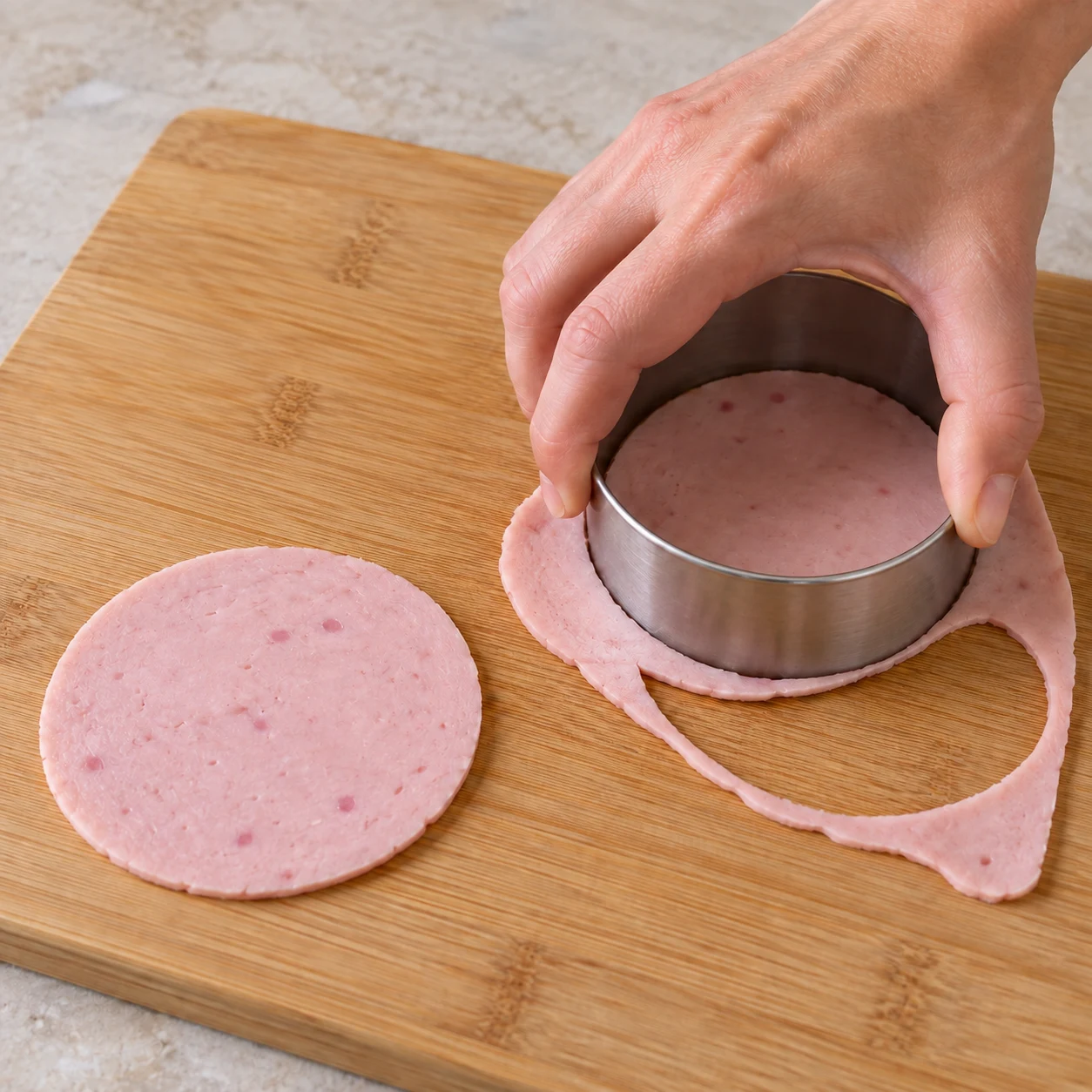 Deux tranches fines de jambon végétal rose sur une planche, une main anonyme presse un emporte-pièce rond. Pas de fromage ni de pain dans cette image.