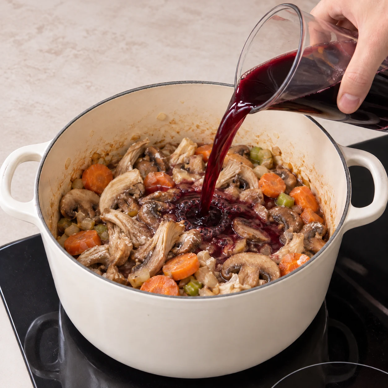 Verser le vin rouge : Le vin rouge a été versé dans la cocotte.