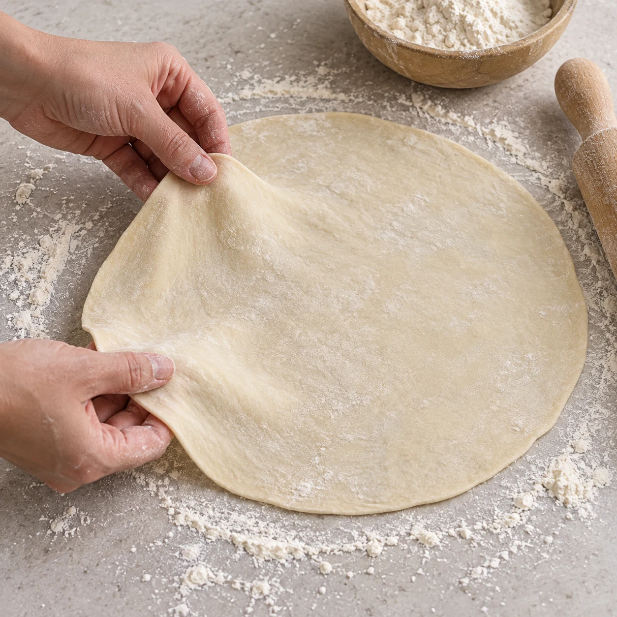 Étaler les lavash. La galette est fine, ronde et assez souple pour être manipulée.