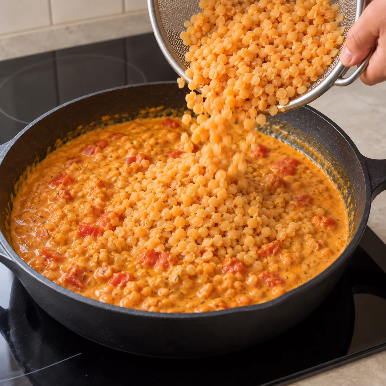 Ajoute les lentilles corail préalablement cuites et égouttées, issues des 400 g pesés avant cuisson. Le résultat visuel : Les lentilles cuites sont réparties dans la sauce.