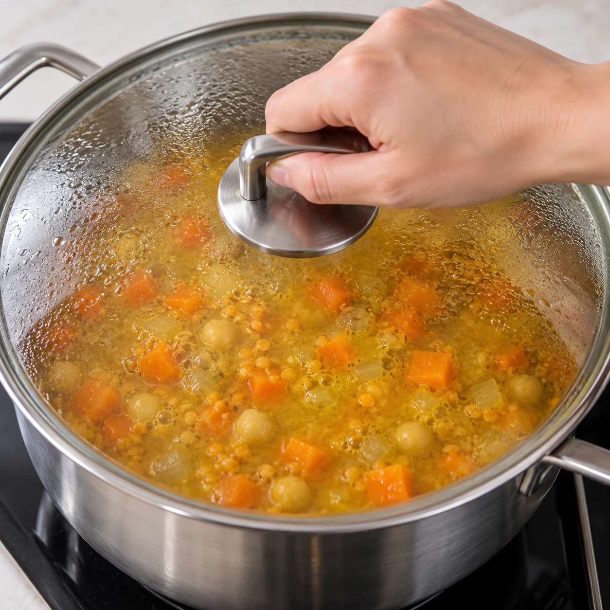 Casserole inox couverte d’un couvercle en verre avec bouillon jaune, carottes lentilles pois chiches visibles sous le verre.
