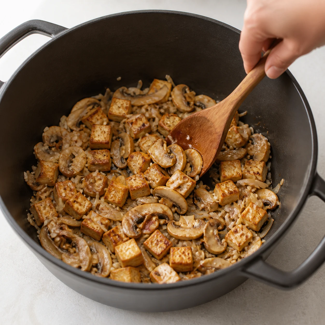 Marmite chaude avec tofu fumé en cubes, champignons et oignons qui cuisent ensemble ; cuillère en bois et une main adulte visibles.
