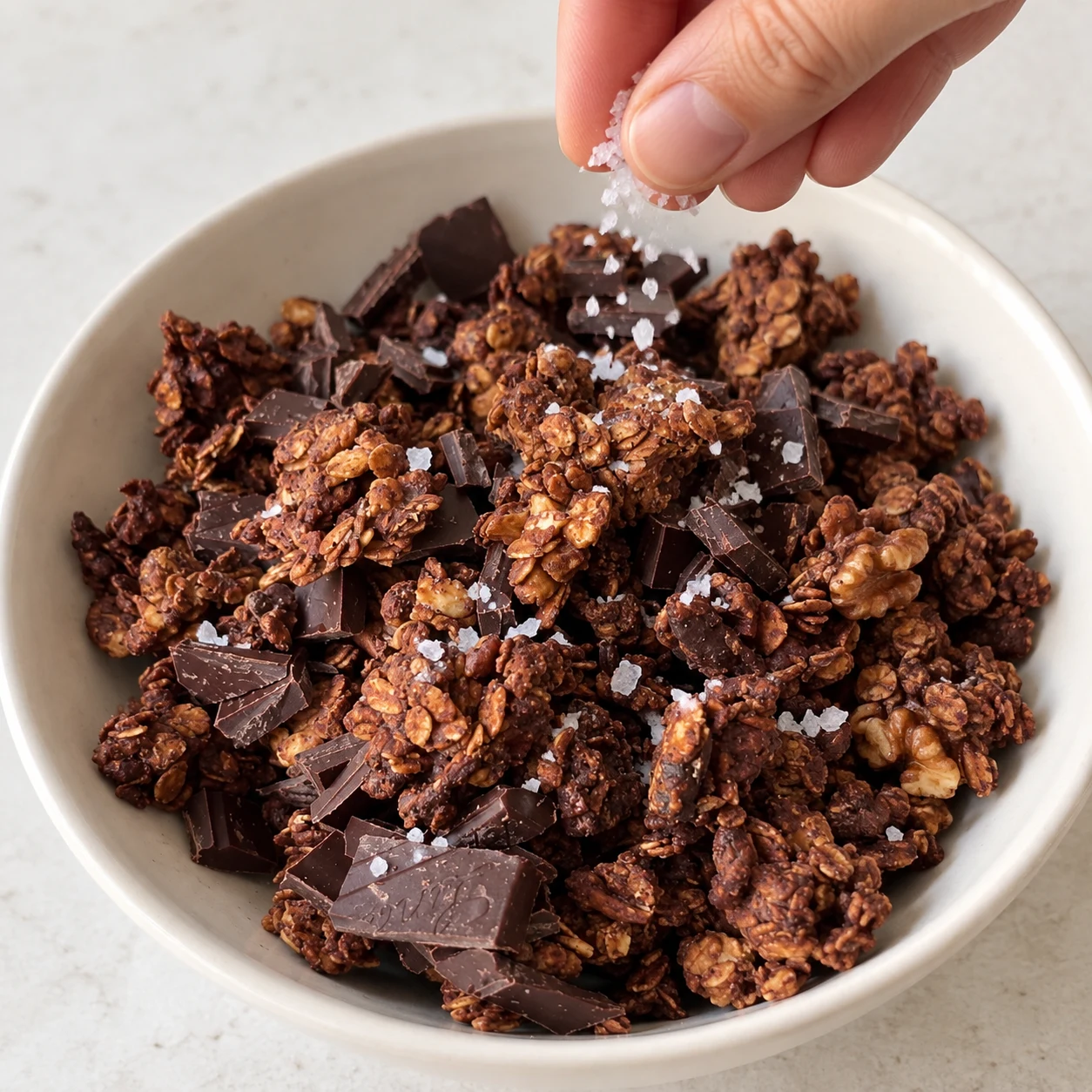 Une main anonyme saupoudre une petite pincée de fleur de sel sur un bol de granola chocolat noix.