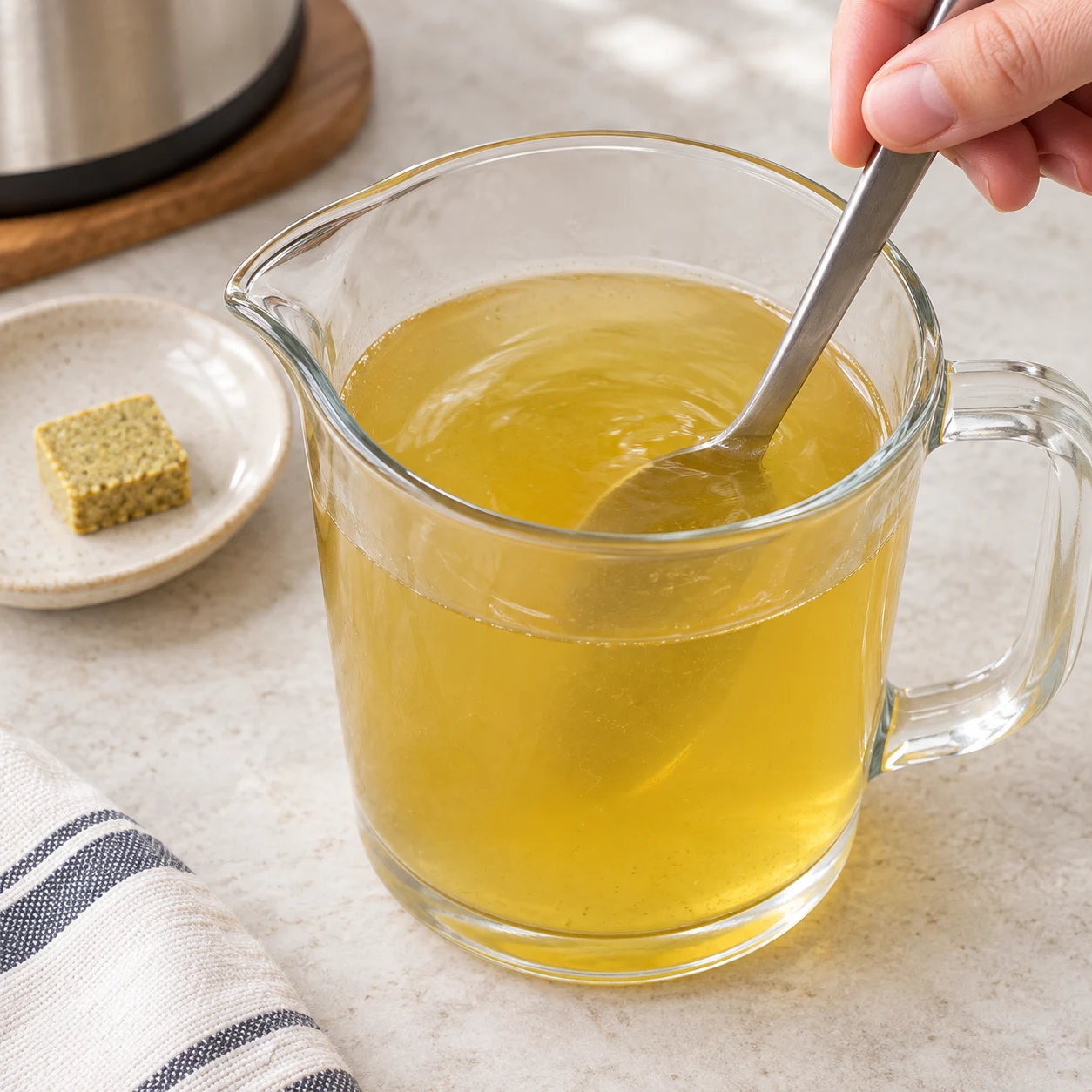 Dans un pichet neutre, dissoudre le cube dans de l’eau chaude : bouillon jaune clair sans garniture ni légumes entiers.