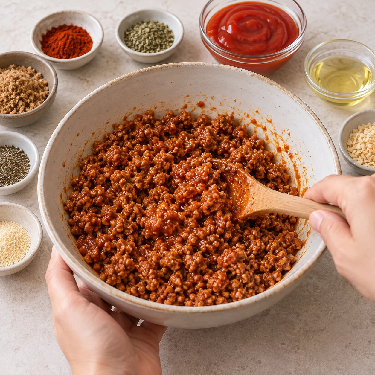 Mélanger la marinade. Verse les 400 g de haché végétal de soja cuisiné dans un bol, puis mélange avec le piment de Cayenne, le sucre brun, le poivre, l’ail en poudre, l’oignon déshydraté moulu, l’origan, les 2 càc d’huile et les 75 g de ketchup. Tous les morceaux de haché sont uniformément enrobés de sauce et d’épices.. Petits morceaux de haché de soja cuisiné, pas de fibres longues.