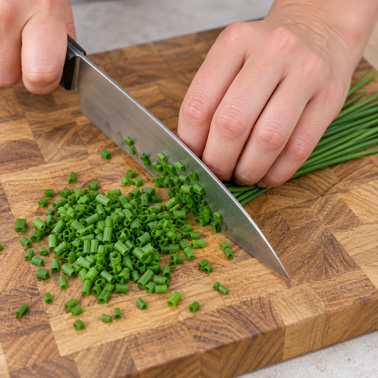 Ciboulette fraîche ciselée au couteau, doigts repliés en griffe.
