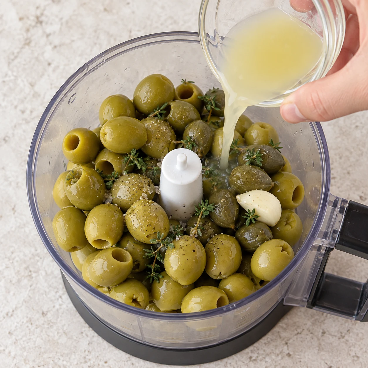 Une main anonyme verse le jus trouble jaune pâle d’un demi-citron depuis un petit récipient transparent sur les olives, les câpres, l’ail et les feuilles de thym. Pas encore d’huile.