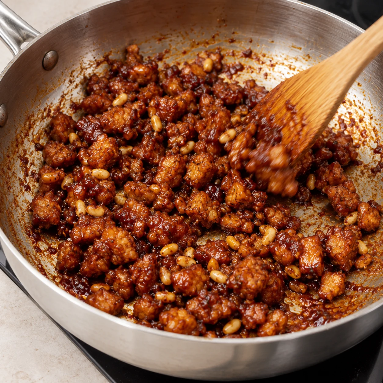 Crumble de tempeh brun-rouge, brillant et caramélisé avec des pignons, remué à la spatule dans une poêle en inox.