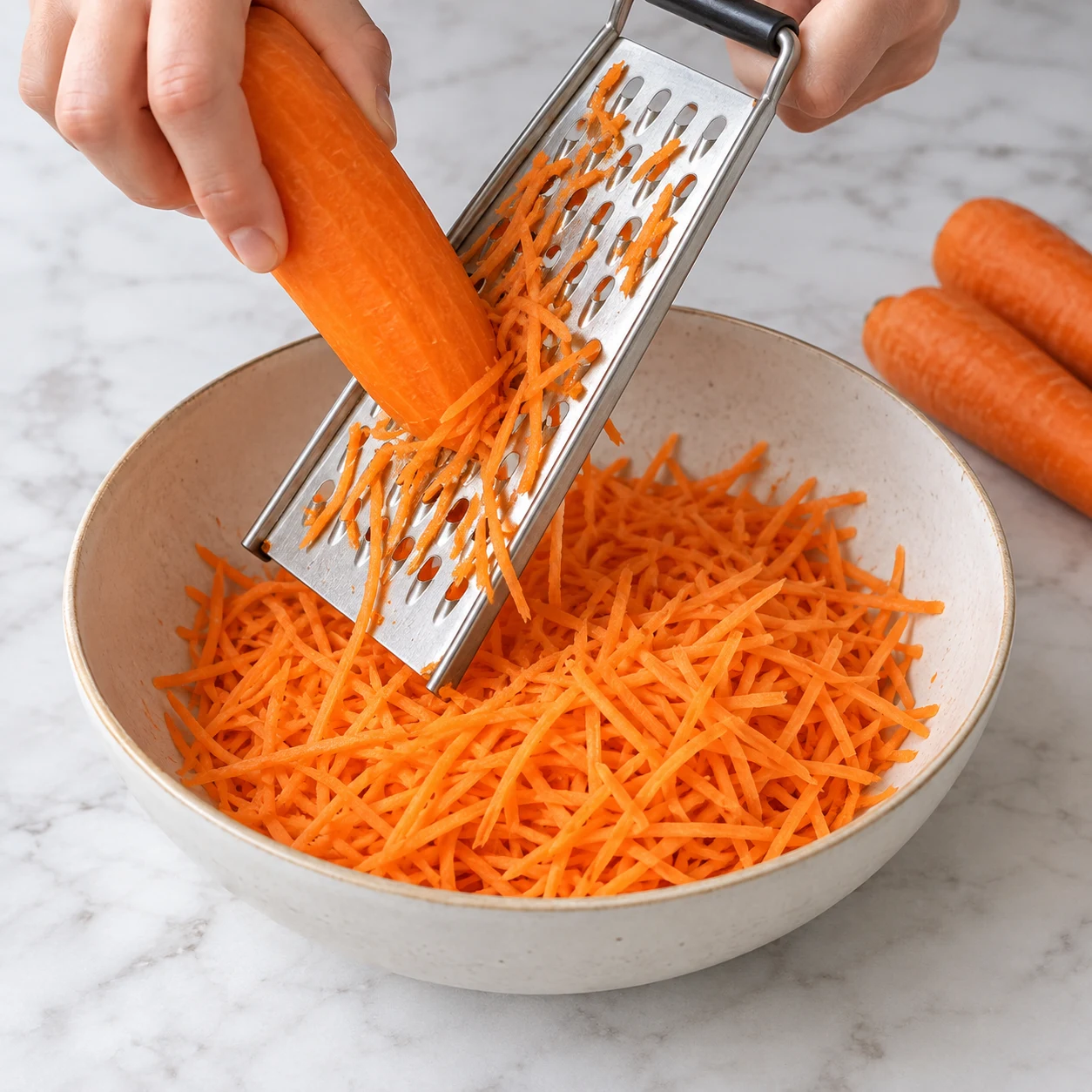 Main anonyme râpant une carotte au-dessus d’un bol, fins filaments orange seulement.