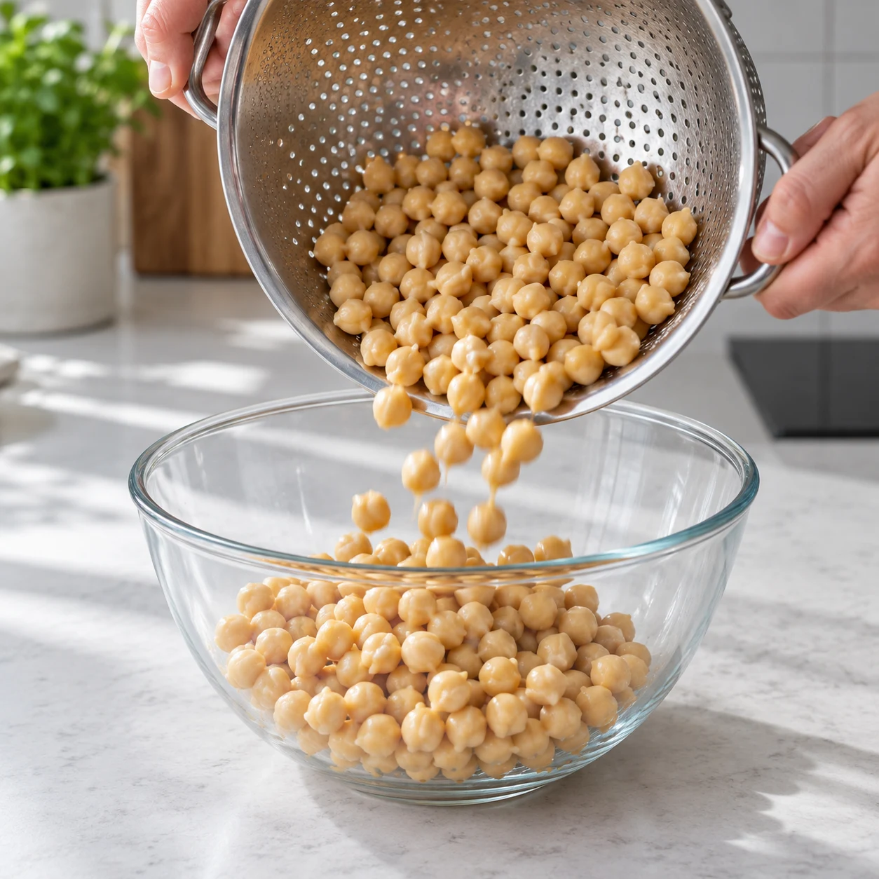 Égoutte les pois chiches cuits dans une passoire et dépose 400 g égouttés dans un saladier.