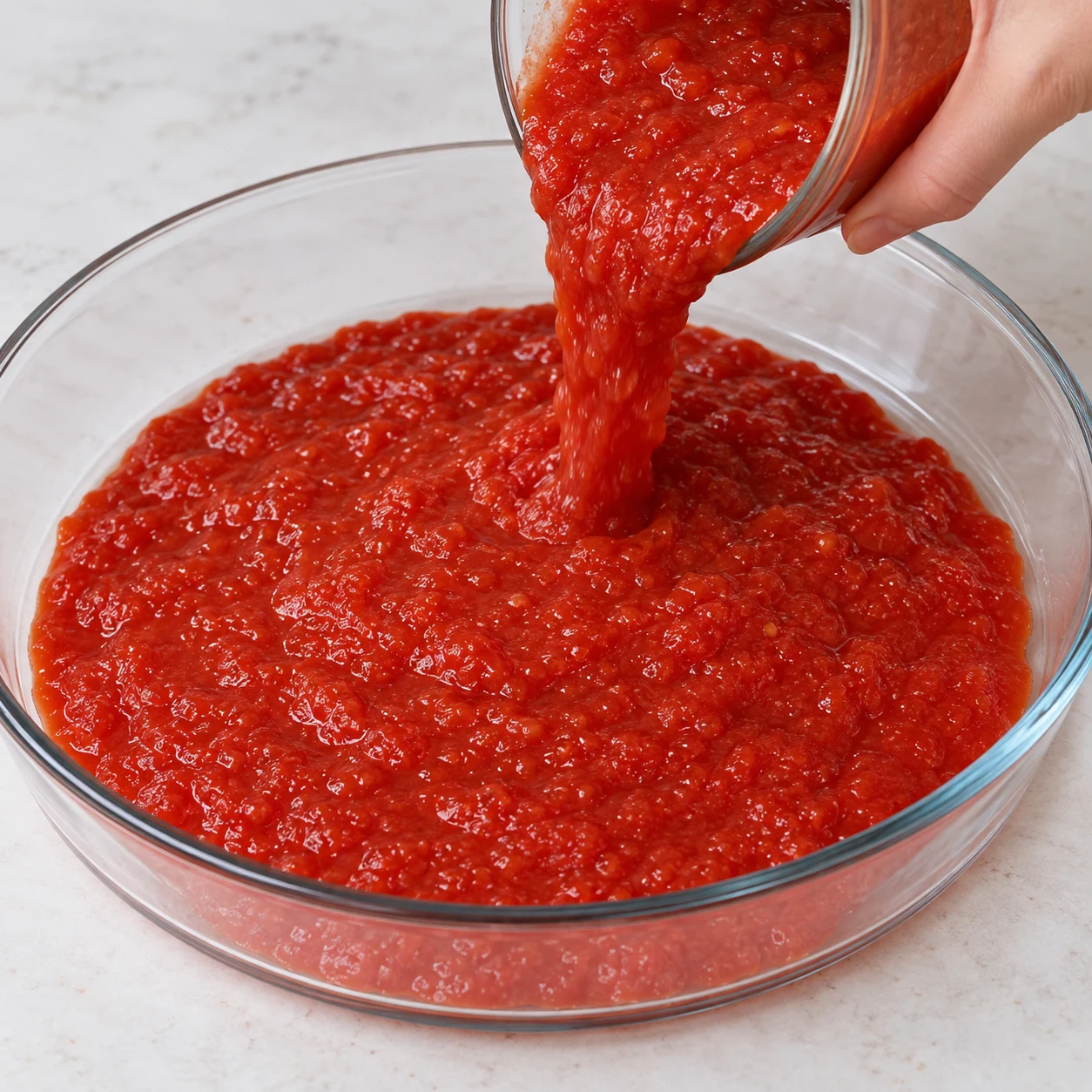 Pulpe de tomate rouge dans un plat rond neutre.