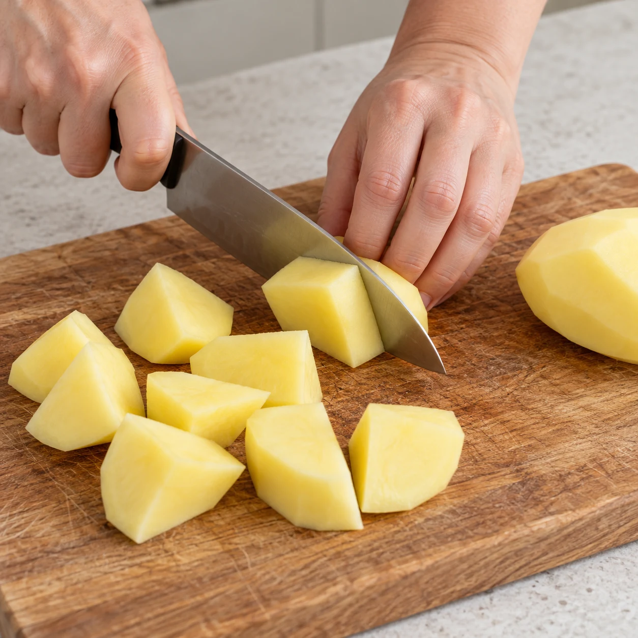 Mains anonymes coupant une pomme de terre en gros morceaux réguliers sur planche stable, prise en griffe ; aspect des morceaux d’après la capture, geste d’après la recette d’origine.