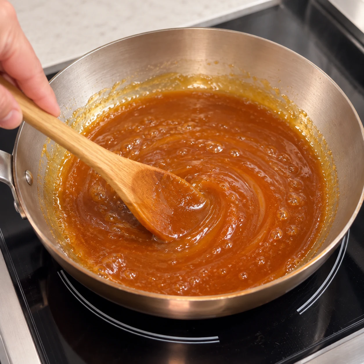 Margarine végétale pâle en train de fondre dans le caramel ambré.