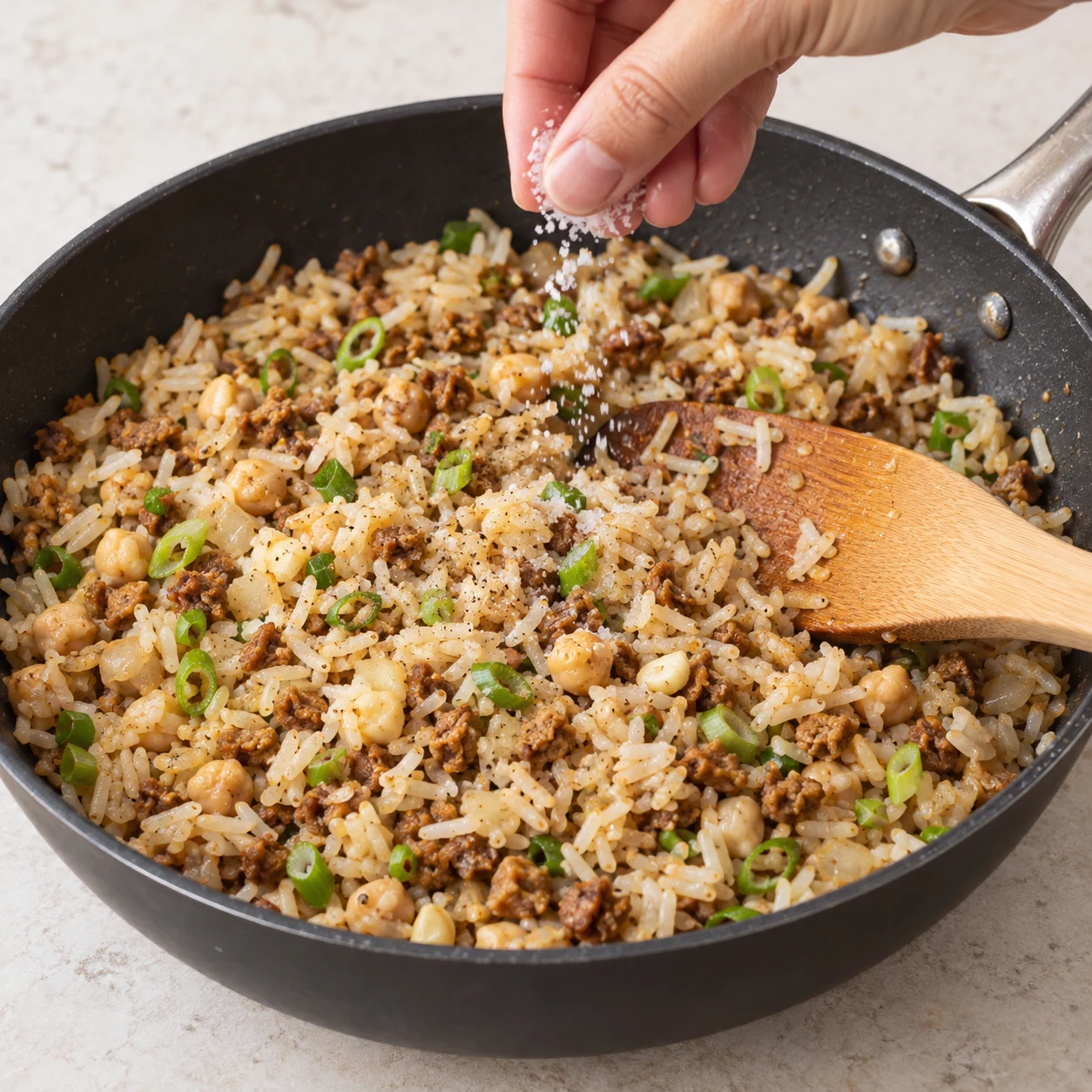 Goûtez le riz sauté et ajoutez du sel seulement pour réajuster l’assaisonnement si nécessaire, comme l’indique la recette d’origine. Résultat visuel : Le plat est assaisonné à votre goût. Montrer seulement les ingrédients de cette étape, sur plan de travail pierre pâle ; pas de viande, pas d’œuf, pas de tofu.