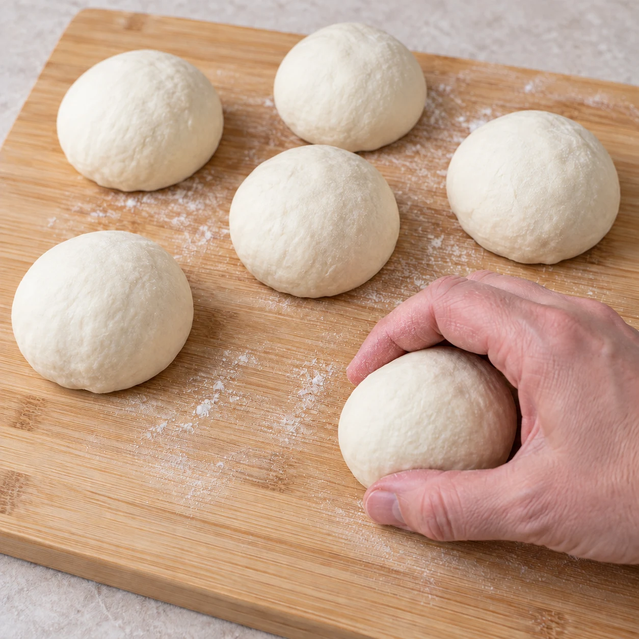 Former six boules. Six boules distinctes et régulières sont posées sur le plan de travail.