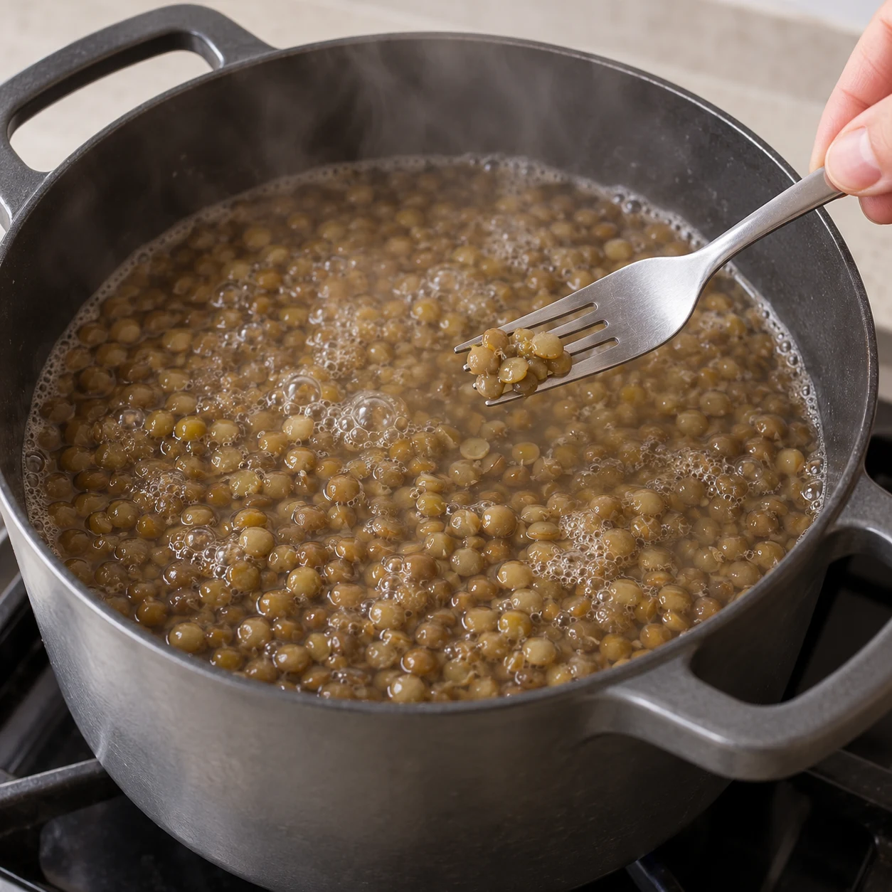 Lentilles vertes dans une casserole d’eau frémissante.