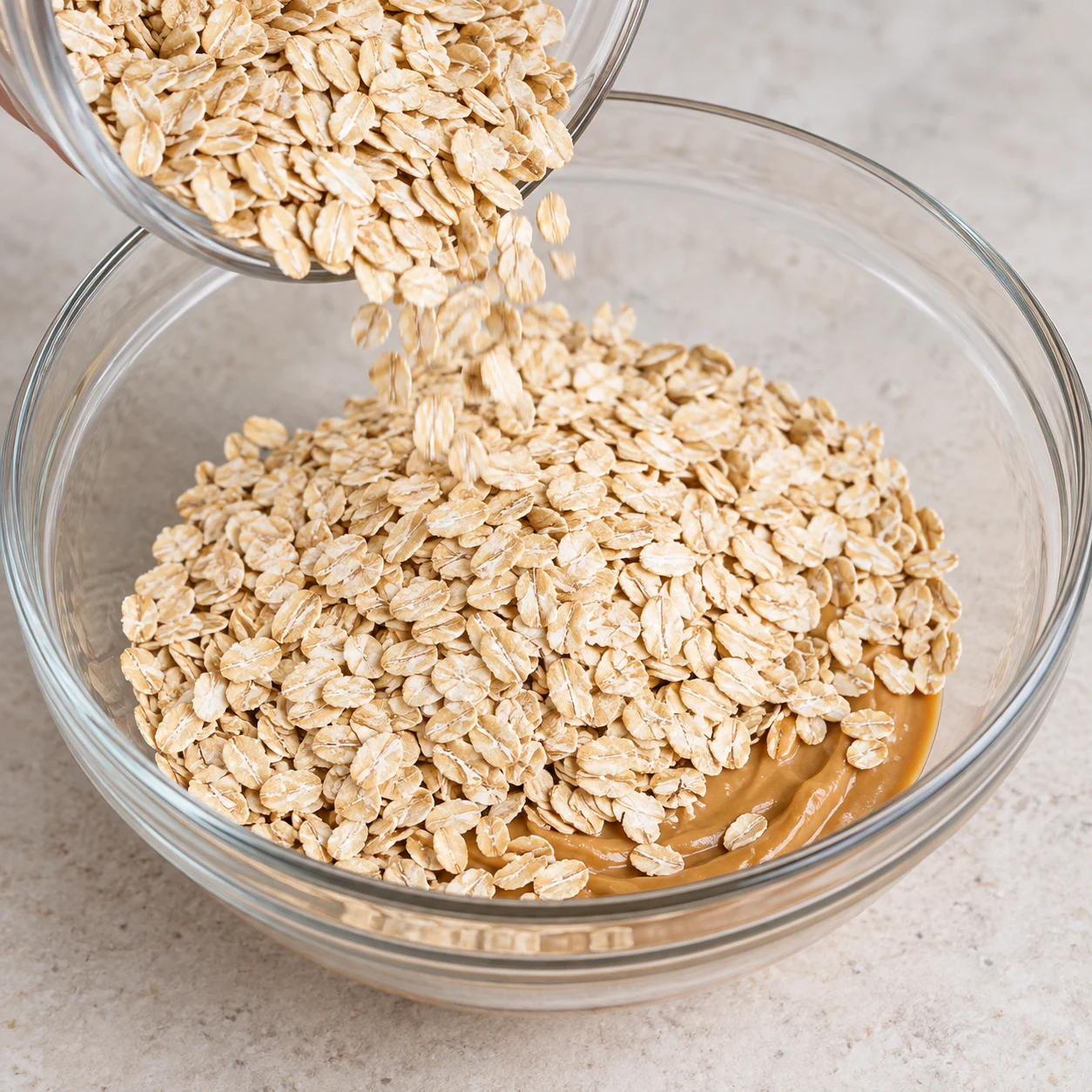 Flocons d’avoine versés sur la purée de cacahuètes dans un saladier en verre, ingrédients encore séparés.