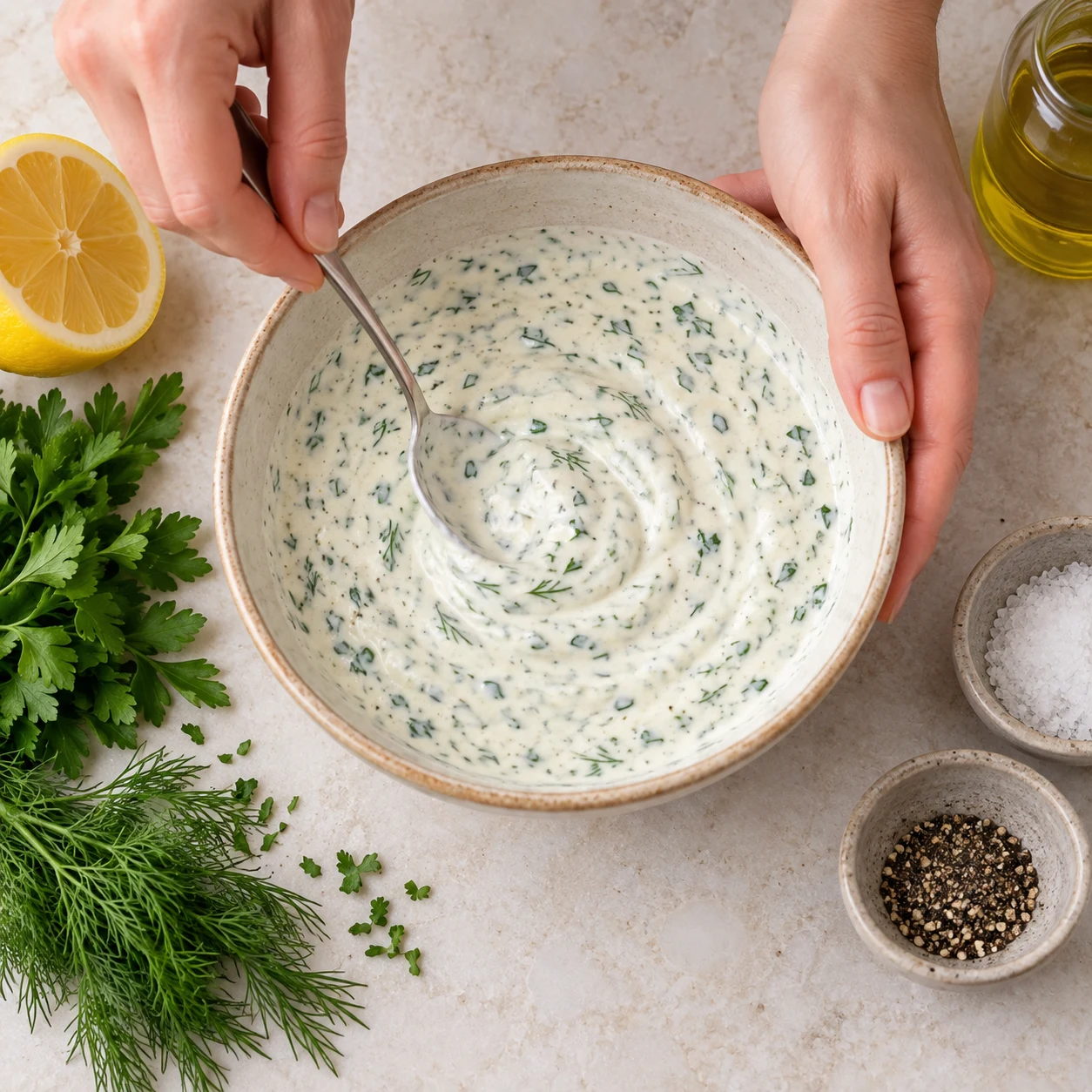 Une seule photo de l’action « Mélanger la sauce au yaourt », la sauce est homogène et les herbes y sont réparties.