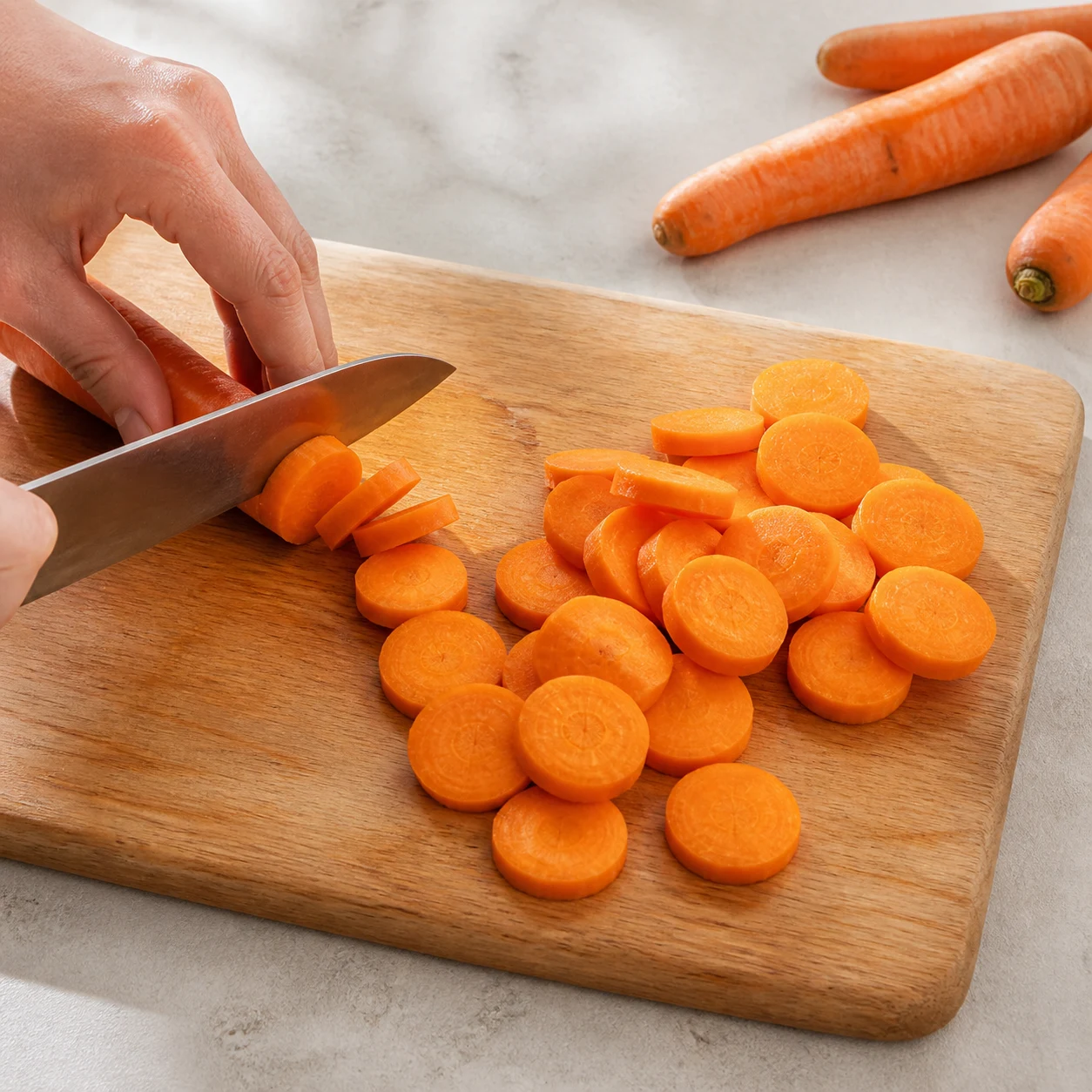 Planche en bois avec carottes et oignons finement émincés, couteau de cuisine, lumière naturelle.