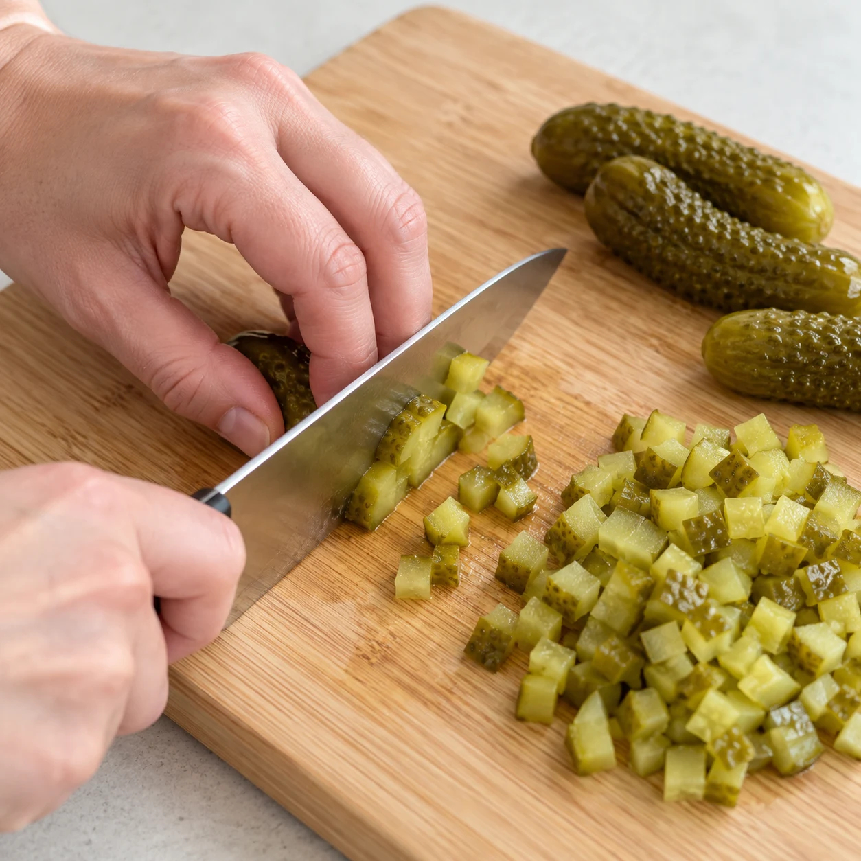 Couper les cornichons. Les cornichons sont en petits dés réguliers.