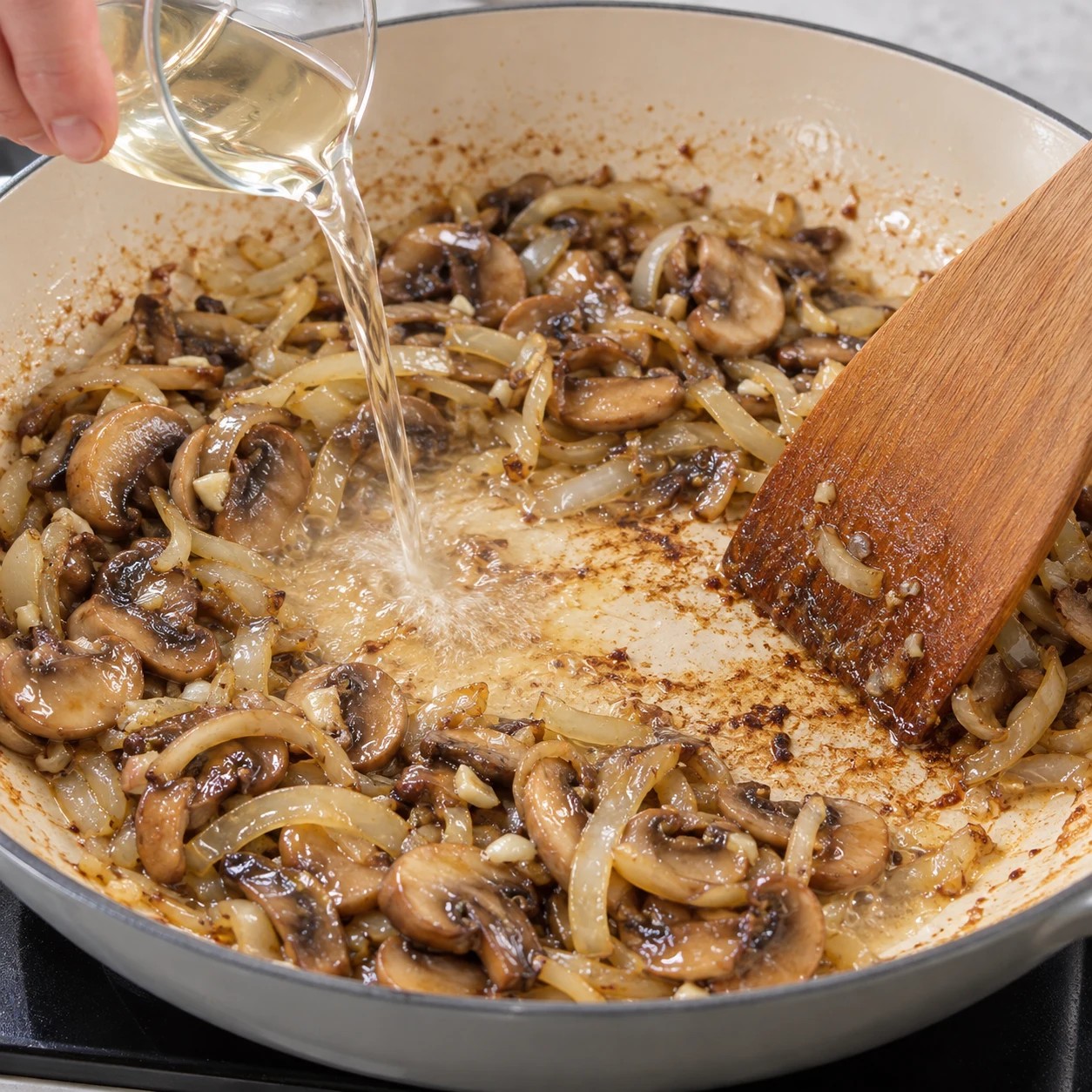 Déglacez avec 2 à 3 c. à soupe de vin blanc sec végan en décollant les sucs avec une spatule. Montrer seulement l’action et cet état de cuisson.