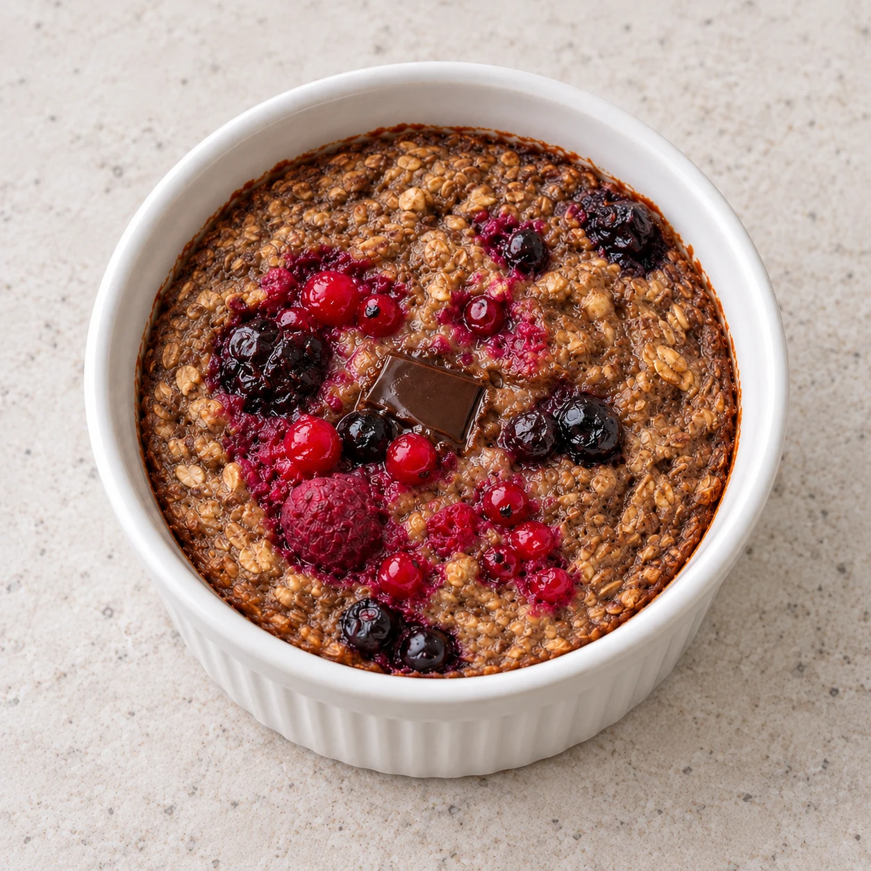 Le bol blanc contient le porridge cuit : surface prise et dorée, flocons visibles, fruits rouges cuits, chocolat fondu au centre.