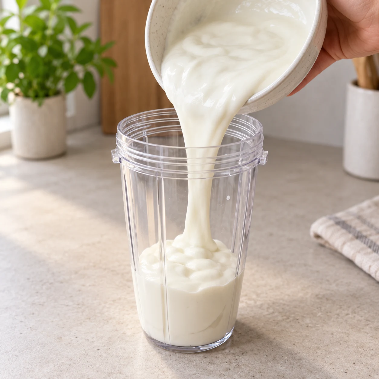 Une main anonyme verse du yaourt de soja nature blanc et lisse, sans blocs de tofu, dans un bol de mixeur transparent.