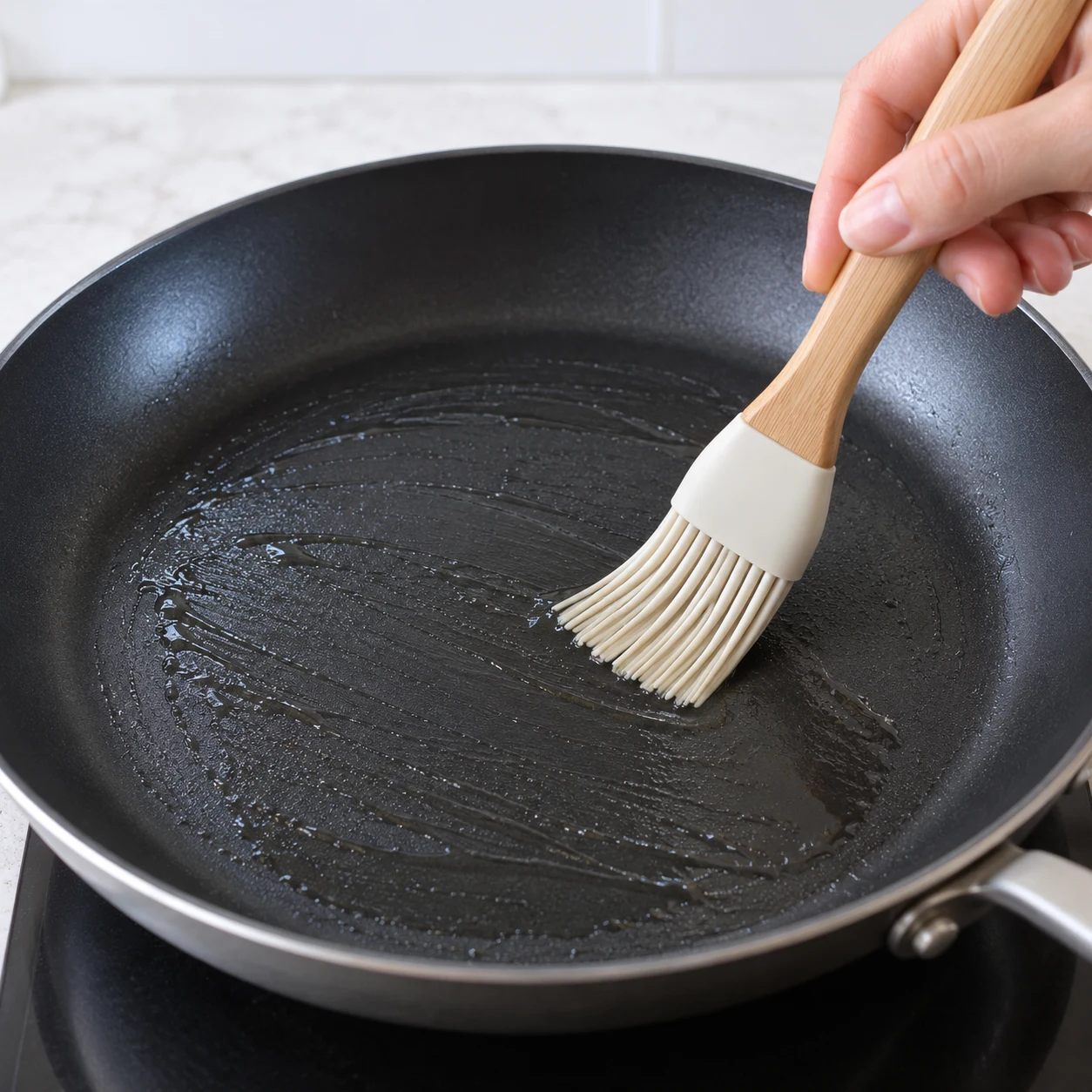 Poêle noire vide, film d’huile neutre étalé par une main adulte anonyme. Aucun pancake ni autre ingrédient.