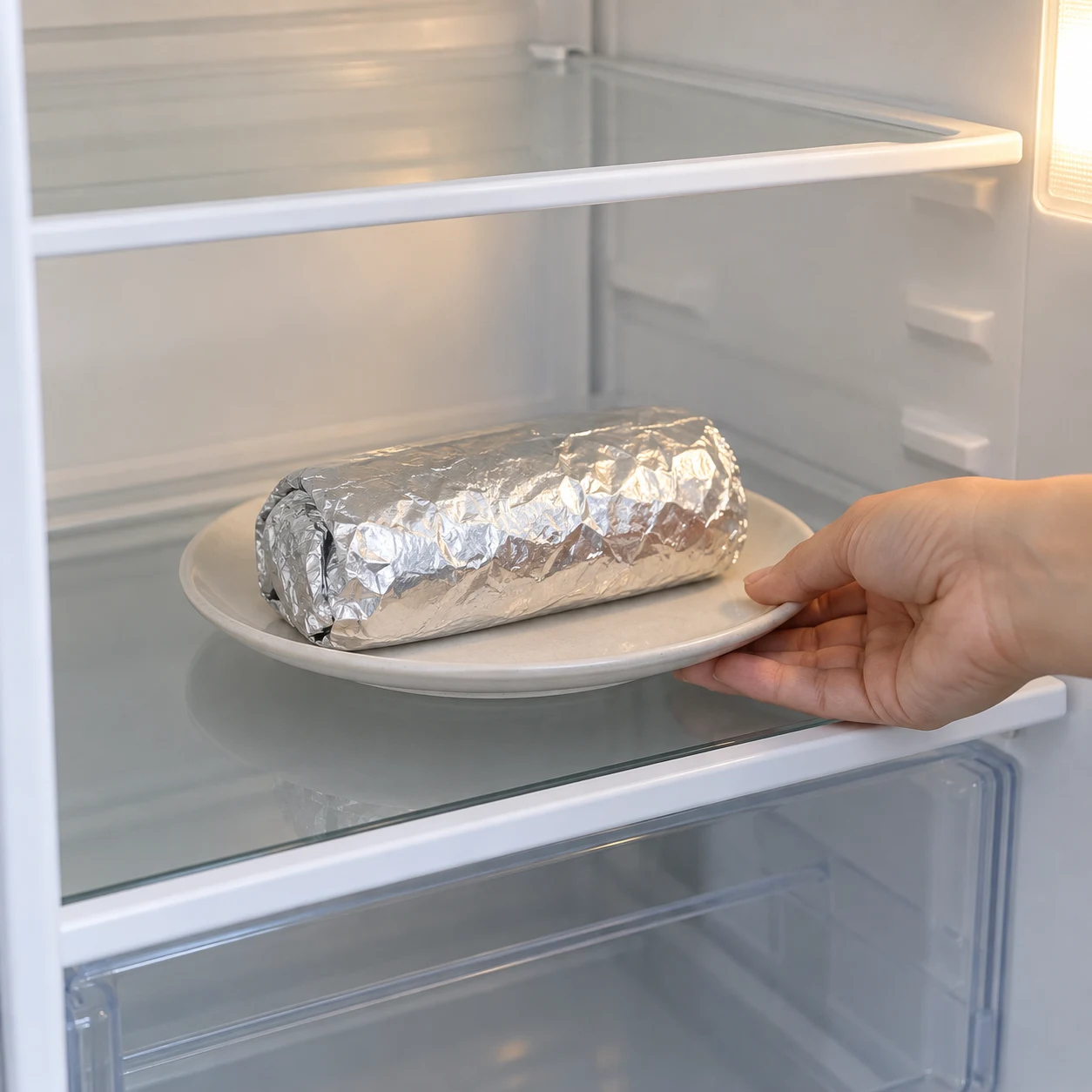Un burrito emballé dans un récipient neutre sur une étagère propre du réfrigérateur.