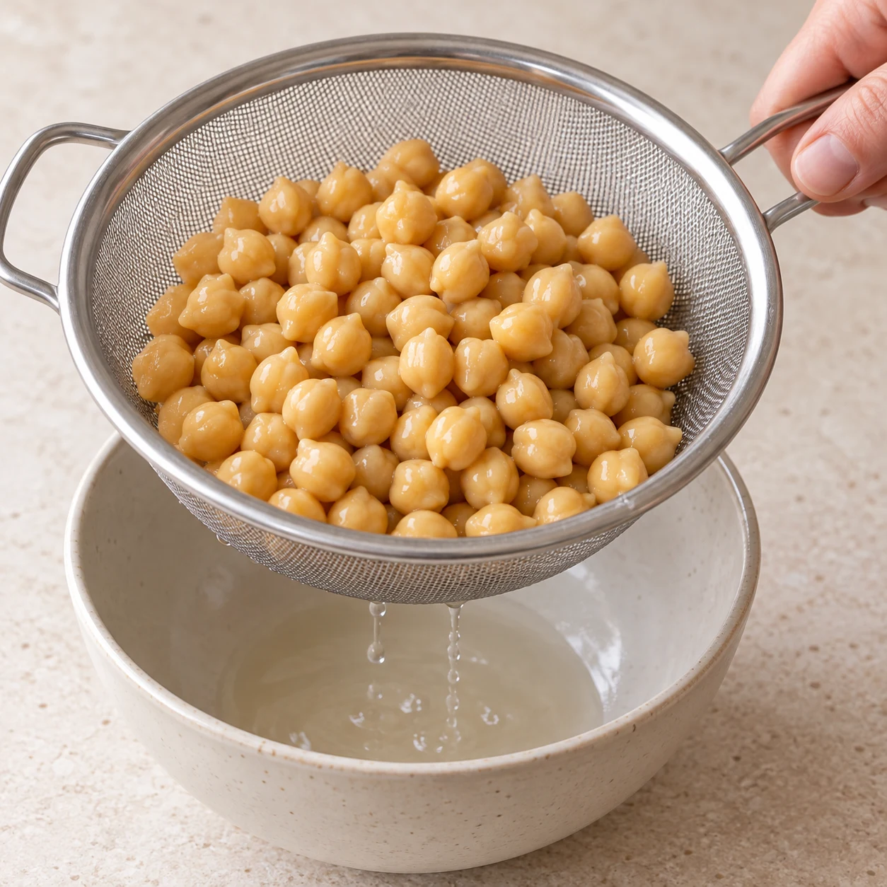 Pois chiches cuits beiges entiers dans une passoire au-dessus d’un bol, eau qui s’écoule. Aucun autre ingrédient.