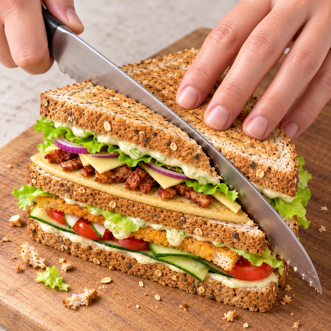 Coupe diagonale au couteau à pain d’un club sandwich végétal garni à trois tranches, mains sûres.
