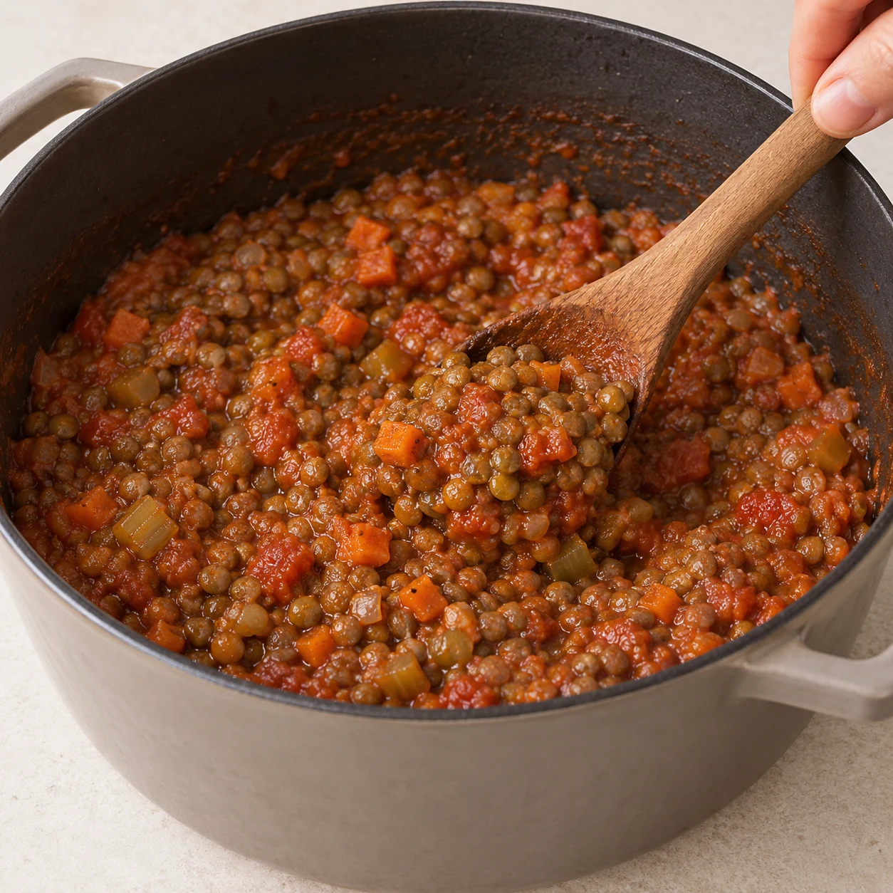 Cuillère incorporant des lentilles vertes cuites entières à une sauce tomate épaisse.