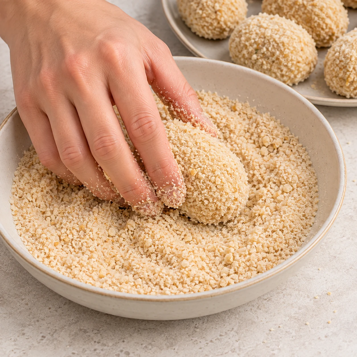 Une photographie carrée de cette seule action : Repasse les croquettes dans la chapelure pour finir la double panure. Résultat attendu : Les croquettes portent une double panure régulière. Seulement les ingrédients de cette étape. Aucun ingrédient futur ni garniture ajoutée, aucun texte ni personne identifiable. Mains adultes anonymes seulement pour le geste. Le cœur adapté est crémeux légèrement jaune, sans persillage bleu.