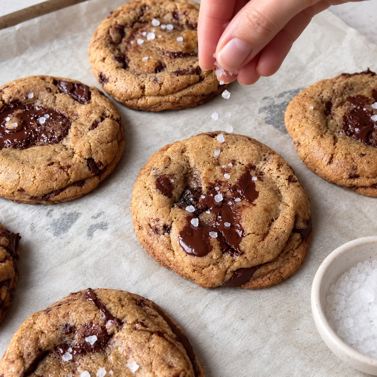Cookies dorés avec chocolat fondu, une main adulte anonyme saupoudre quelques cristaux de gros sel.