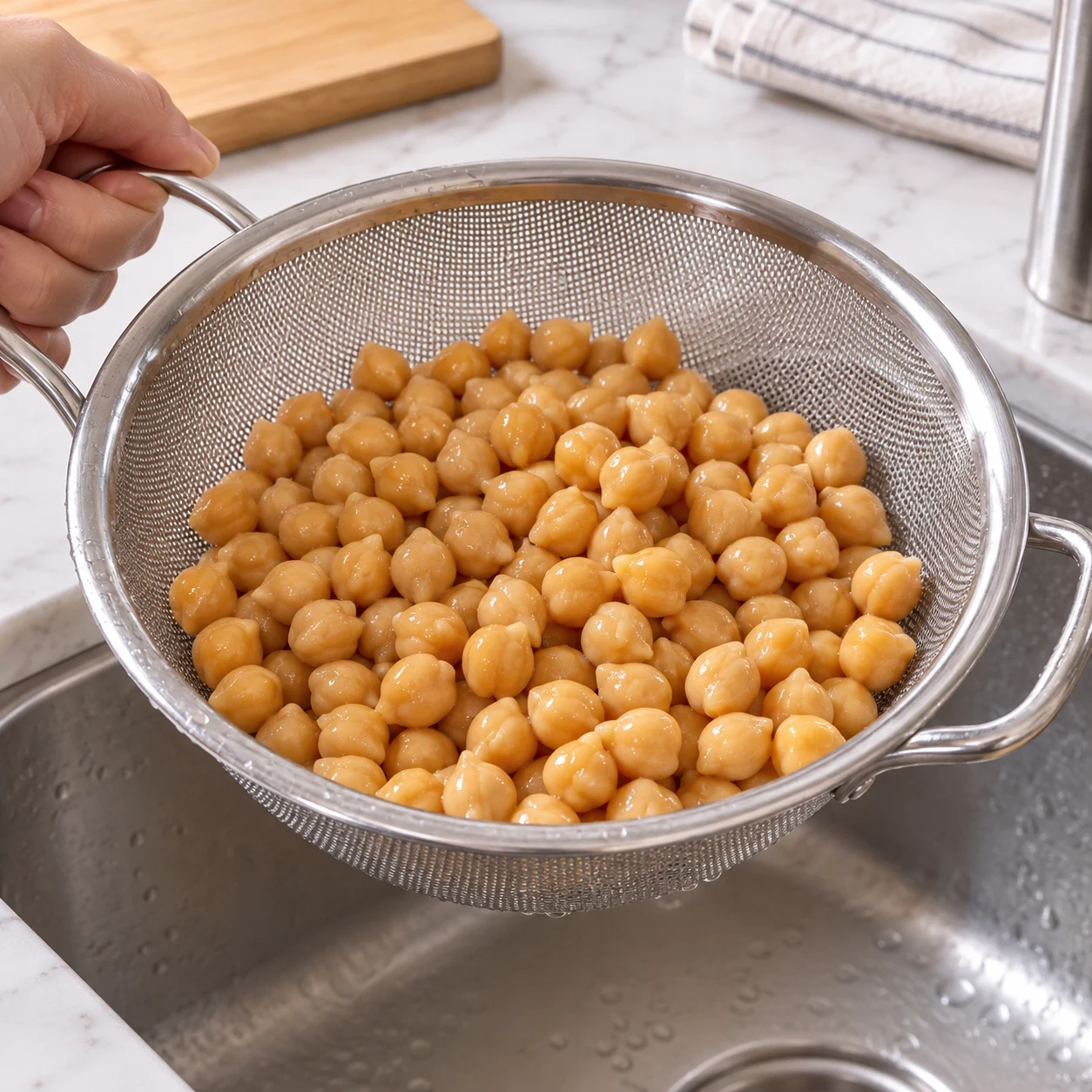 Rincer les pois chiches ; Les pois chiches sont rincés et aucun liquide ne s’écoule plus de la passoire.
