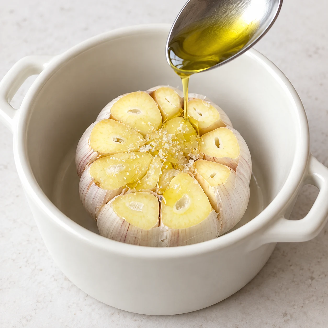 Cuillère versant un filet d’huile sur la face coupée d’une tête d’ail salée dans une mini-cocotte blanche.