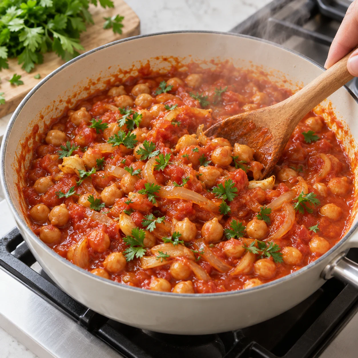 Photo culinaire carrée en lumière naturelle : pois chiches chauds nappés de coulis de tomate, oignon fondu, ail rôti incorporé et feuilles de persil, sans emballage produit, aucun texte, aucune marque.