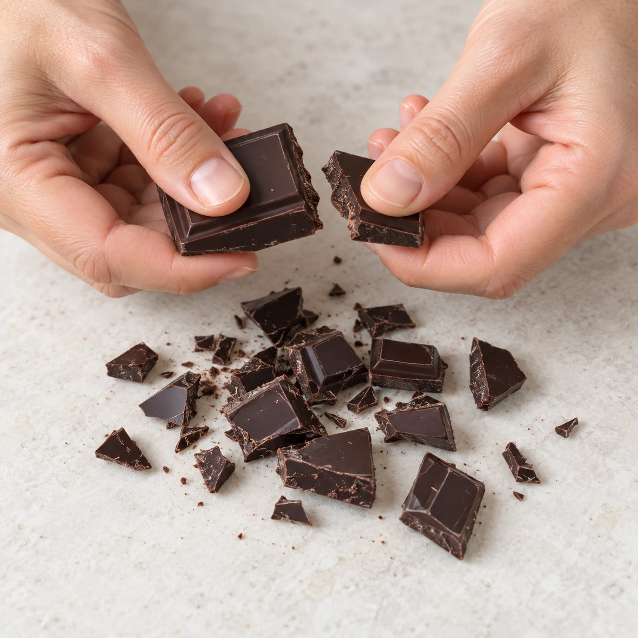 Mains anonymes cassant du chocolat noir en petits éclats, aucun autre ingrédient.