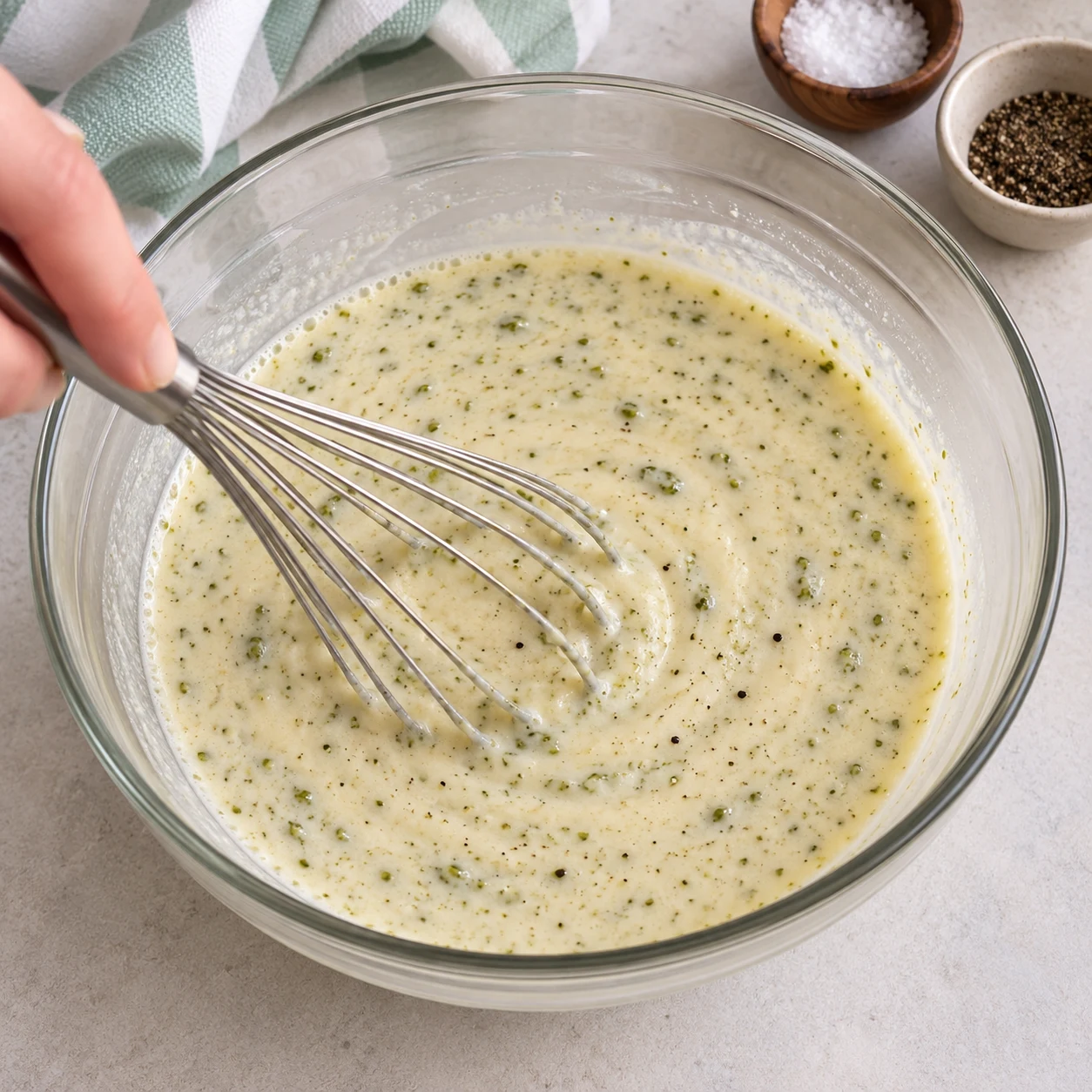 Assaisonner l’appareil : Les traces vertes de pesto au miso sont dispersées uniformément dans l’appareil. Ingrédients finaux uniquement, une seule action, photographie carrée réaliste.
