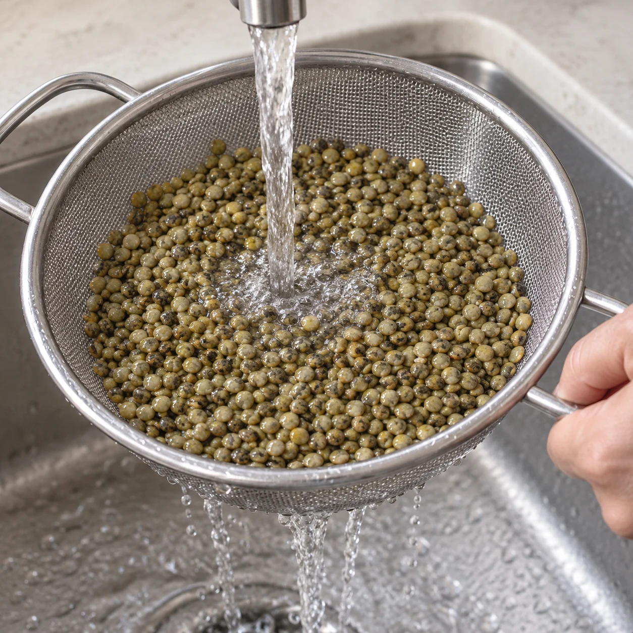 Lentilles vertes crues dans une passoire sous un filet d’eau.