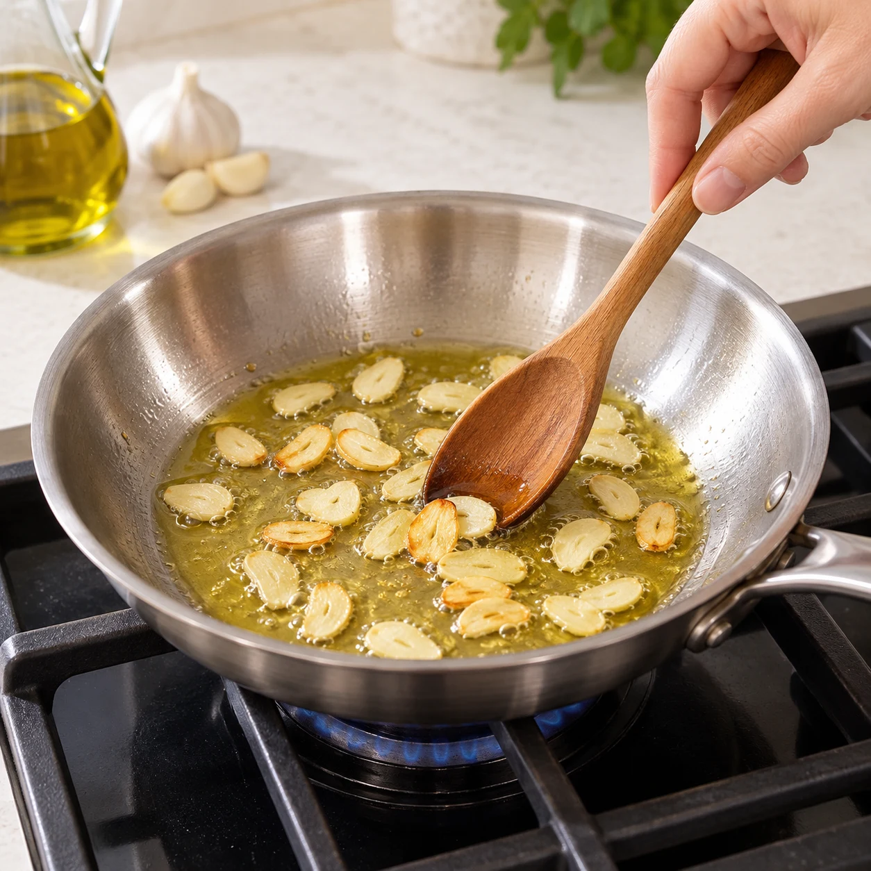 Fais rissoler l’ail quelques instants dans les 2 c. à soupe d’huile d’olive, dans une poêle sur feu moyen.