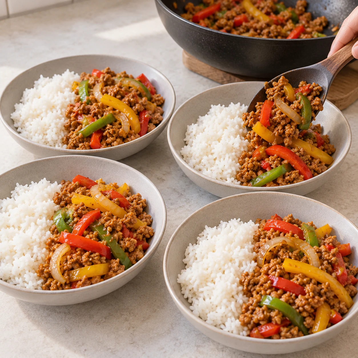 Répartis le riz et les poivrons sautés au haché de soja entre les quatre personnes. Résultat : Le riz, les poivrons et le haché sont répartis dans les quatre portions.