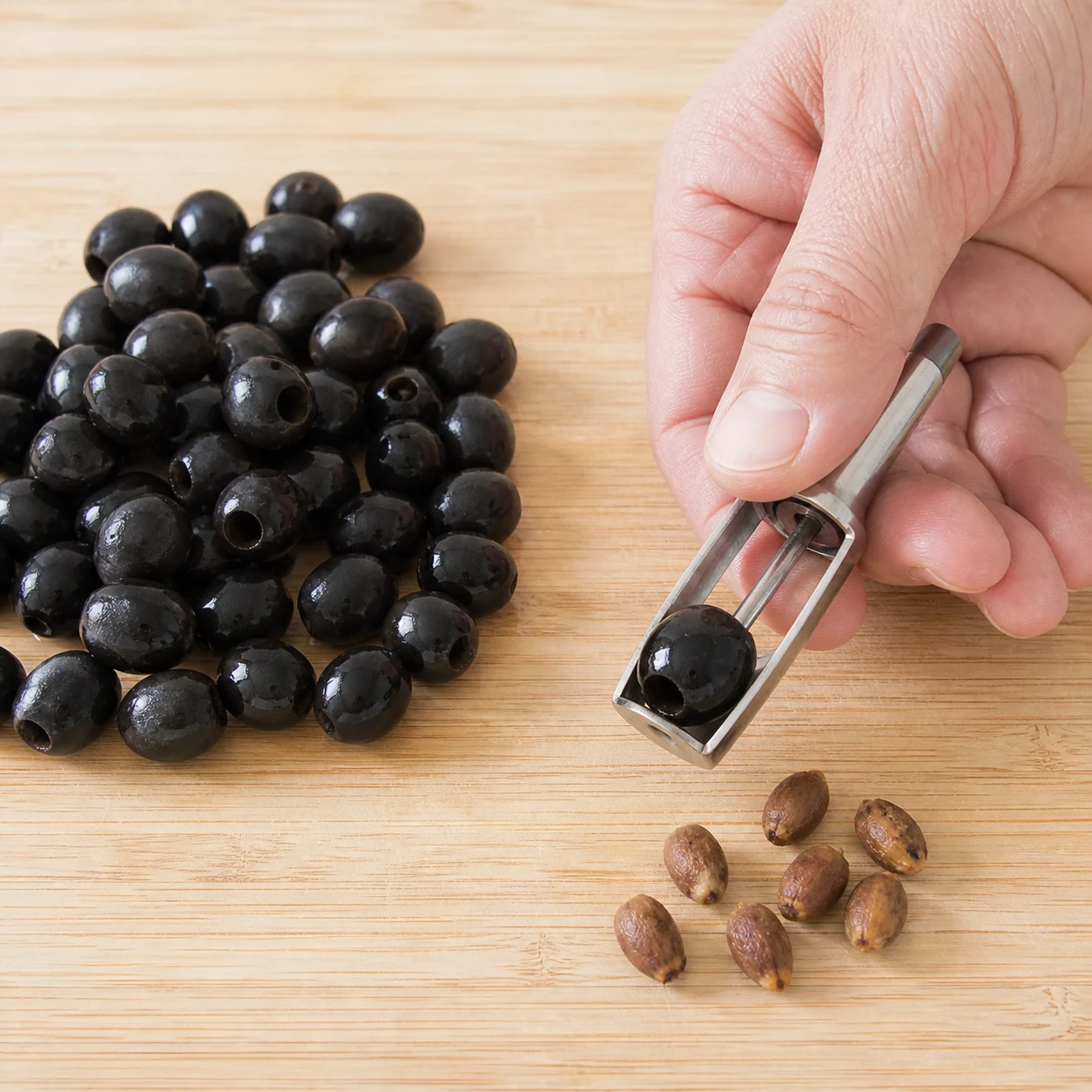 Olives noires dénoyautées sur une planche claire avec un petit bol, chair intacte et noyaux écartés.